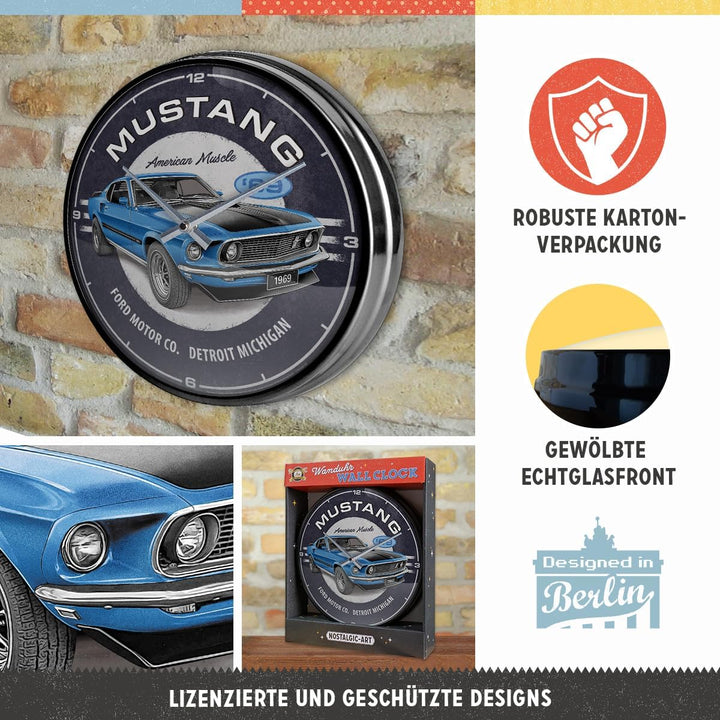 Nostalgic-Art Retro Wanduhr, Ø 31 cm, Ford Mustang – 1969 Mach 1 Blue – Geschenk-Idee für Ford-Zubeh