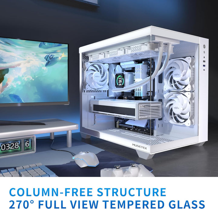 MUSETEX PC Gehäuse ATX,360MM Rad-Unterstützung, Typ-C Gaming PC Gehäuse, 270° Full View Tempered Gla