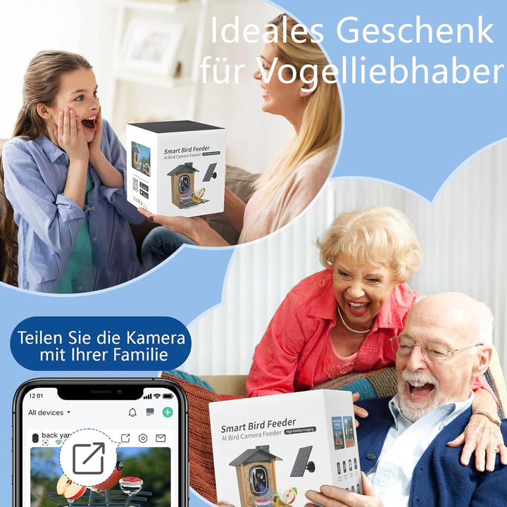Vogelfutterhaus mit Kamera 2K HD Vollfarbe Nachtsicht KI Vogelerkennung Sofortiger Benachrichtigung
