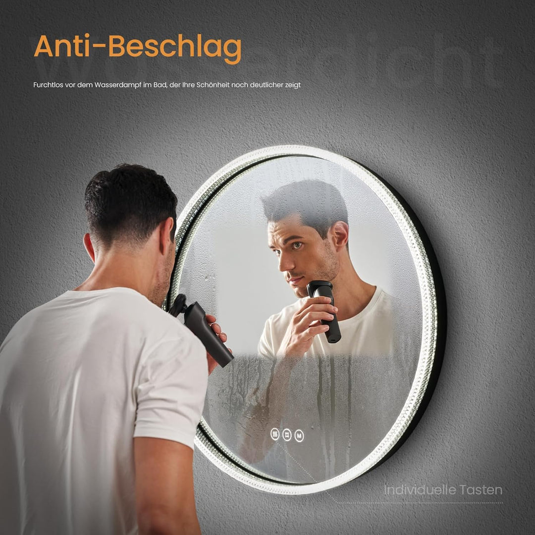 EMKE Badspiegel mit Beleuchtung Rund 60cm badspiegel rund mit Touch-Schalter, Dimmbar 3 Lichtfarben,