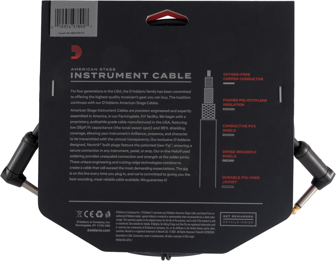 Planet Waves PW-AMSGRR-20 American Stage Instrumentenkabel 6,10m (20 Fuss) schwarz 20 Feet Rechter W