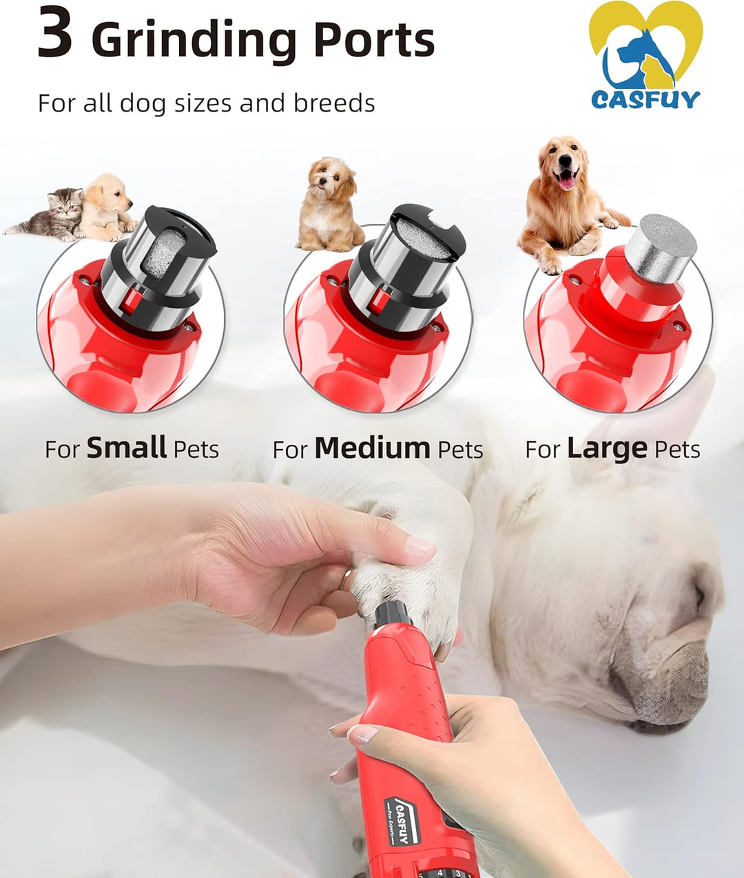 Casfuy Krallenschleifer für Hunde - (45 dB) 6-Gang-Haustier-Krallenschleifer mit 2 LED-Lichtern für