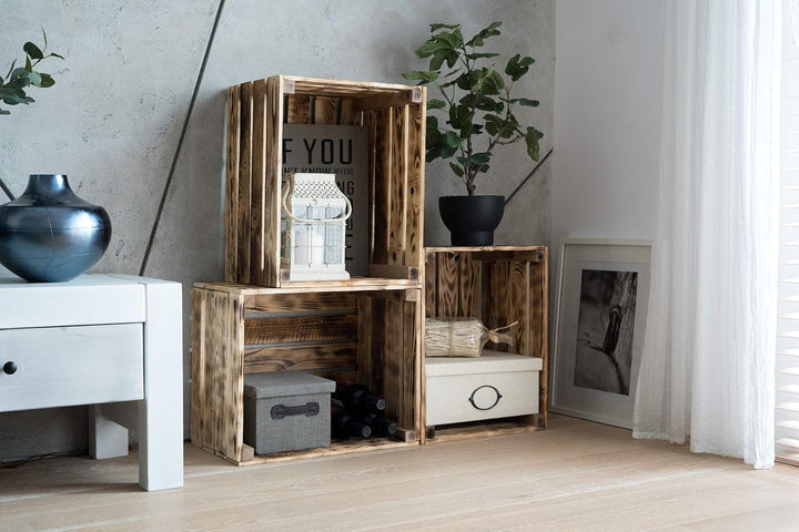 GrandBox Geflammte 2er Set Holz-Kiste 50x40x30 cm Wein-Kiste Obst-Kiste Deko-Kiste Kaminholz-Kiste A