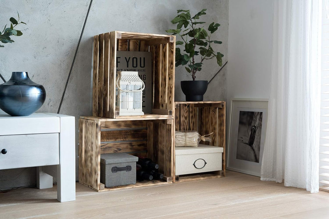 GrandBox Geflammte Holz-Kiste 50x40x30 cm, Wein-Kiste, Obst-Kiste, Deko-Kiste, Aufbewahrung Vintage
