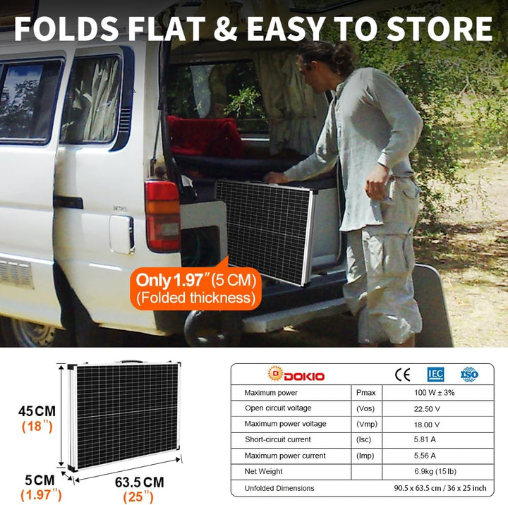 DOKIO 100 Watt 12 Volt Monokristalliner Faltbarer Tragbarer Solarmodule Mit Wasserdichtem Laderegler
