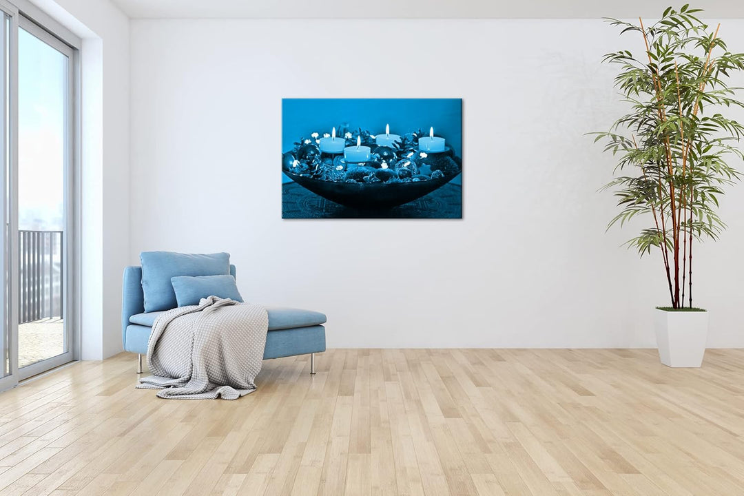 deyoli Advents Dekoration Format 60x40 Effekt: Monocrome Blau als Leinwandbild, Motiv fertig gerahmt
