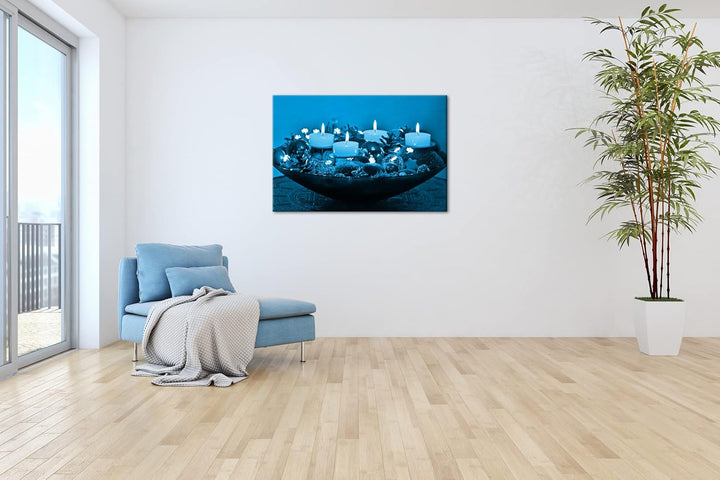 deyoli Advents Dekoration Format 60x40 Effekt: Monocrome Blau als Leinwandbild, Motiv fertig gerahmt