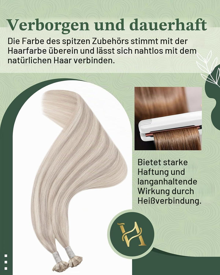 Ugeat Keratin Extensions Echthaar Flat Tip 45cm Keratin Haarverlängerung Echthaar Gesträhnt Aschblon