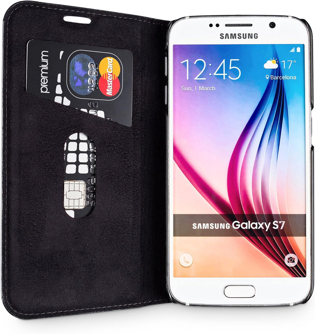 WIIUKA Echt Ledertasche -TRAVEL- für Samsung Galaxy S7 mit Kartenfach, extra Dünn, Tasche Schwarz, L