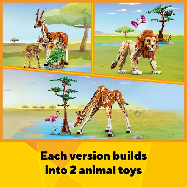 LEGO Creator 3in1 Tiersafari, Kreativ-Set mit Tierfiguren, Spielzeug-Giraffe, Gazellen und Löwe, Spi