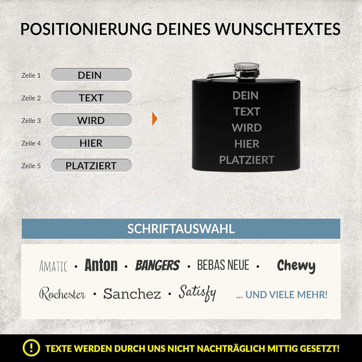 Flachmann mit Gravur aus Edelstahl selbst gestalten - mit Wunschtext gravieren - Geschenkidee für Fr