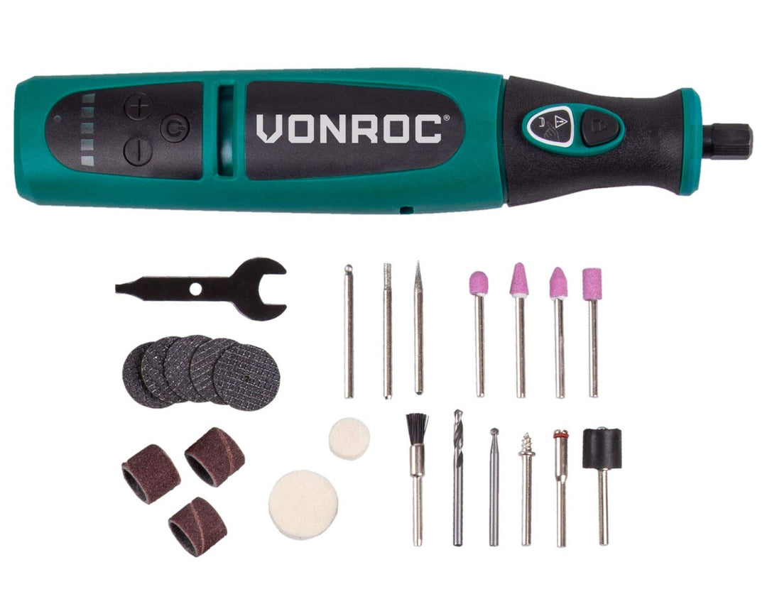 VONROC Mini-Multifunktionswerkzeug, 8 V, drehbar, mit 24 Zubehörteilen, Ladegerät und Schutzhülle fü