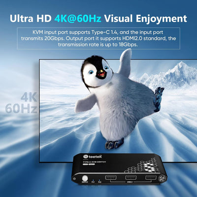 USB C KVM Switch 2 In 1 Out,4K@60Hz, KVM Switches USB2.0,HDMI 2.0, PD3.0,Type C Switch,USB C KVM 2 P