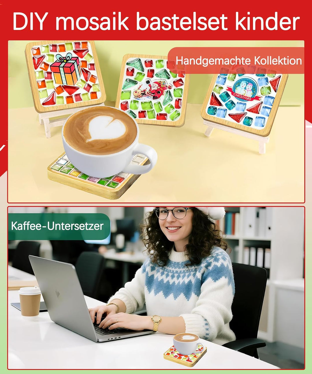 Finsink Mosaik bastelset kinder 4pcs Weihnachten Mosaik Untersetzer Bastelset DIY Holz Untersetzer S