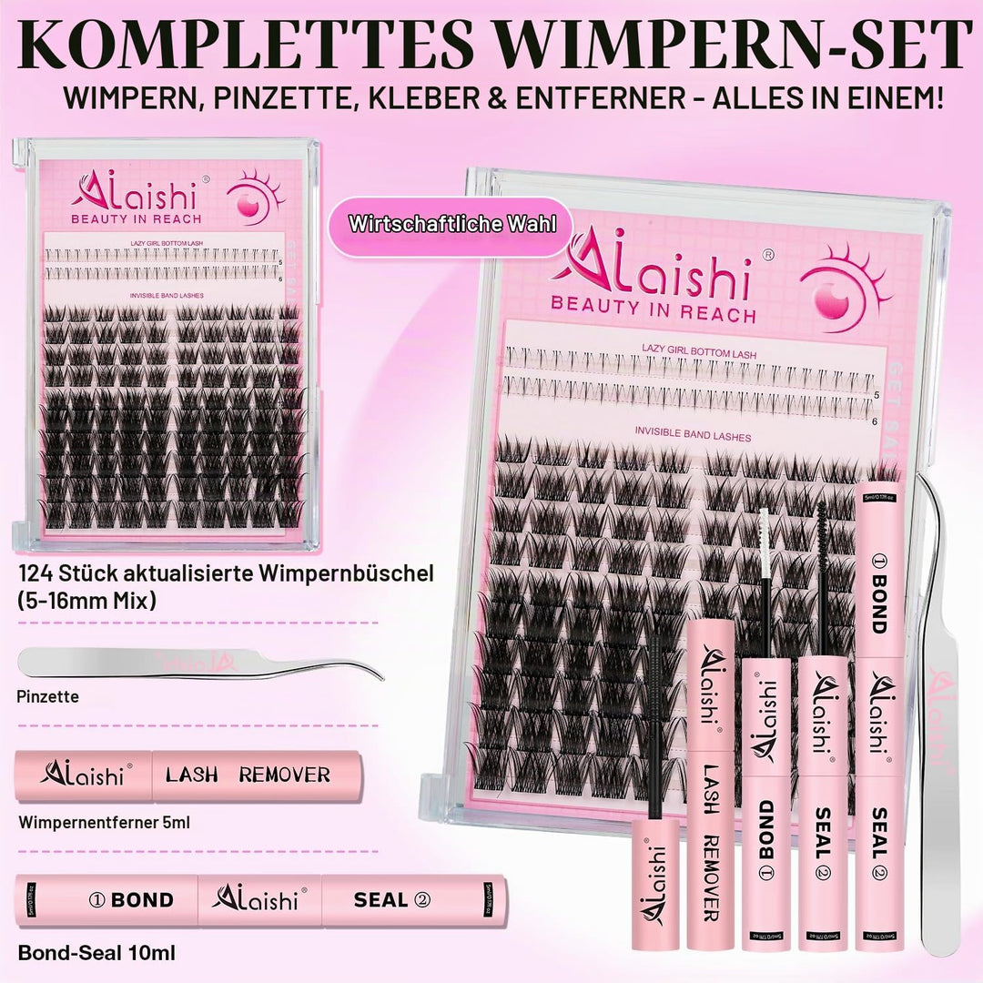 Anime Lash Clusters, 124 Stück Manga Eyelash Extensions 5-16mm, Fluffy D Curl mit Bond and Seal, Pin