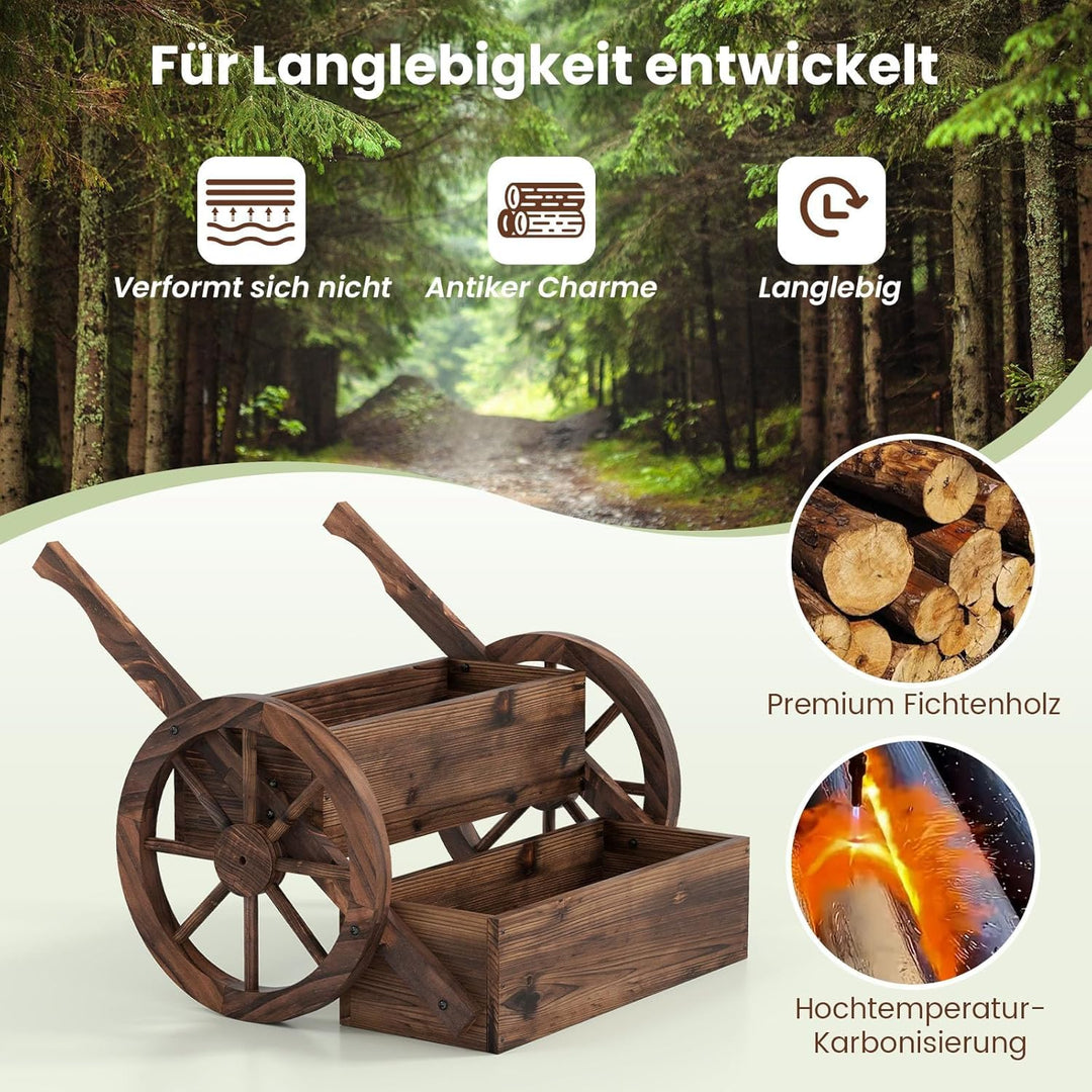 COSTWAY Blumenwagen Holz, Blumenständer mit 2 Rädern & Griffen & Drainagelöchern, Pflanzwagen, 2-stu