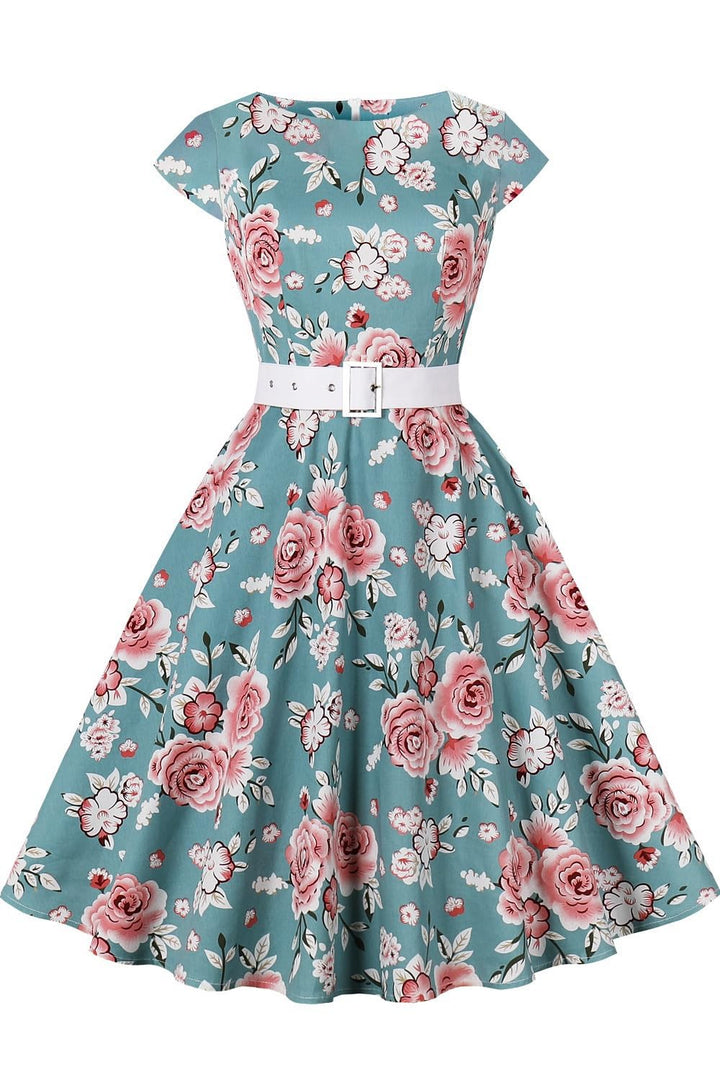 AXOE Damen Rockabilly Kleider 50er Jahre Baumwolle Gürtel, S F05