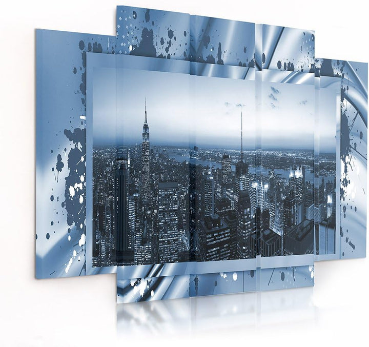 Feeby Frames, Leinwandbild Bilder Wand Bild - 5 Teile - Wandbilder Kunstdruck (New York City, BLAU)