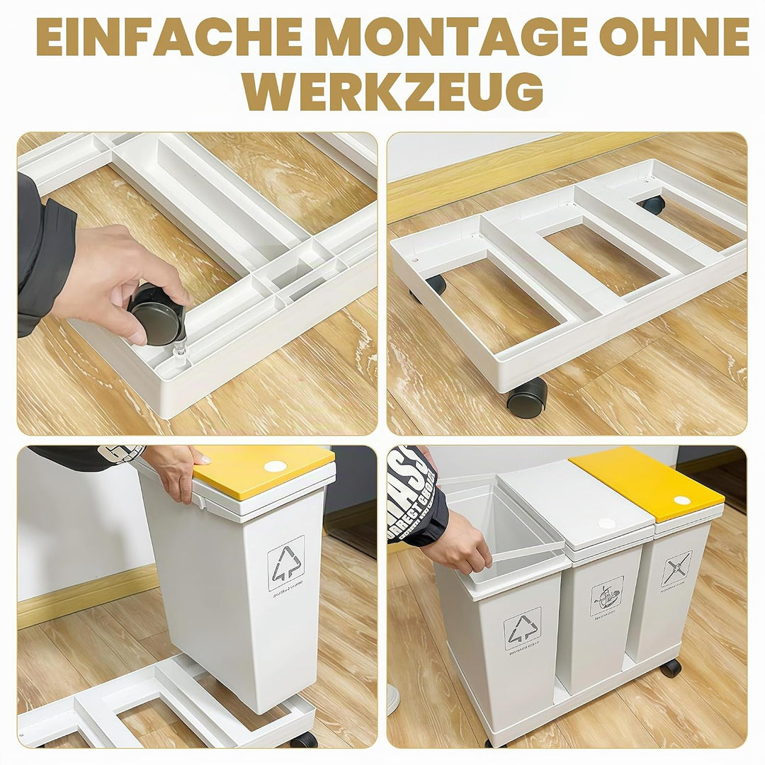 Mobiles Mülleimer Küche 3 x 12 L mit Rollen Mülltrennsystem 3 Fächer mit Druckdeckeln für Zuhause un