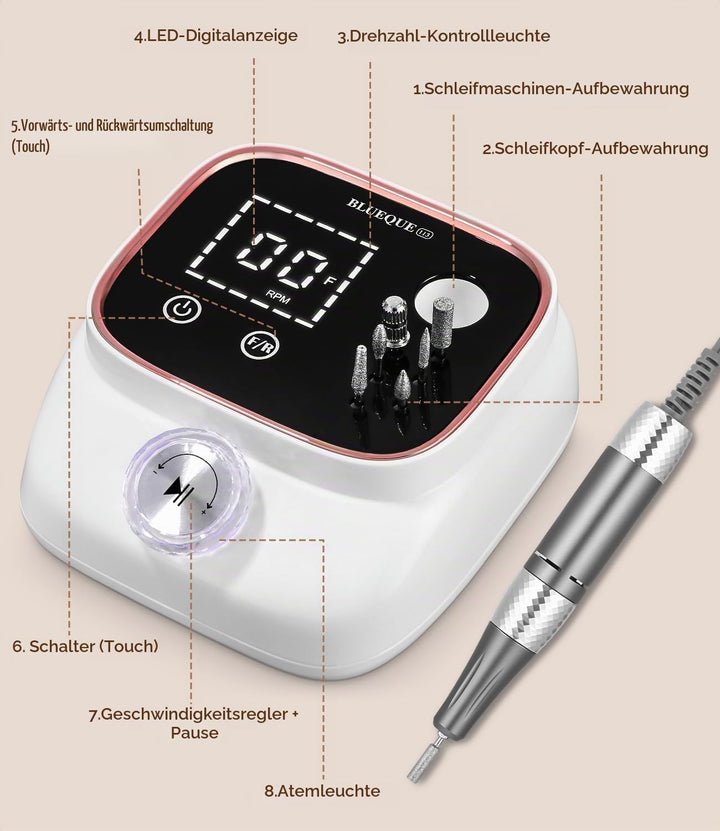 Elektrisch Nagelfräser, Professionelle Fräser für Gelnägel, 45000RPM, Elektrische Nagelfeile mit Lcd