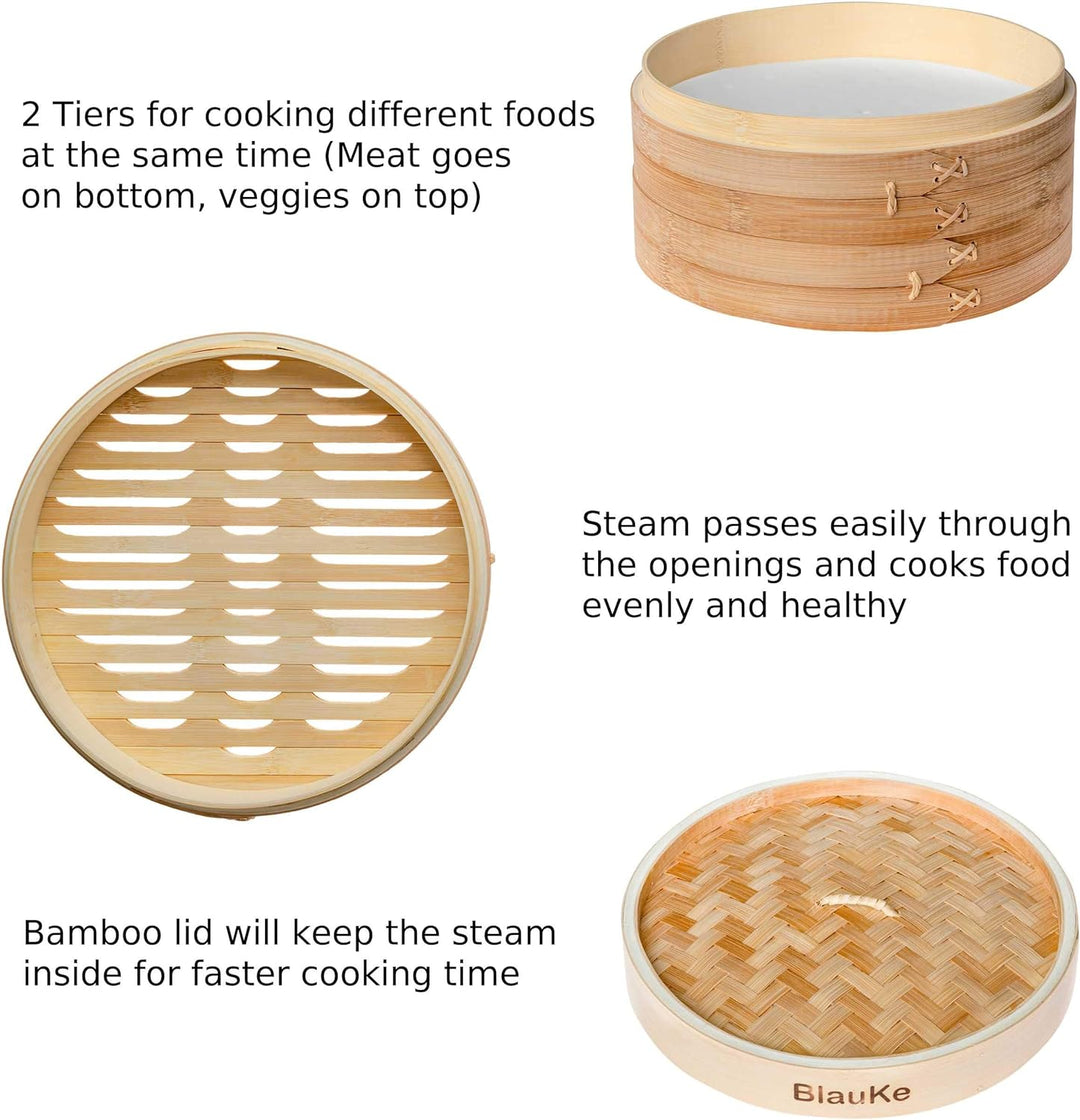 Bambusdämpfer (Bamboo Steamer) - 25cm mit 2 Etagen Bambus Dampfkörbe mit Deckel - 2 Paar Essstäbchen