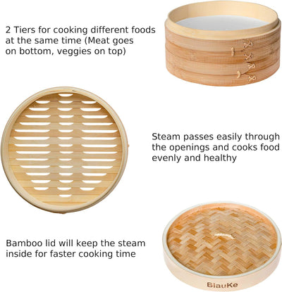 Bambusdämpfer (Bamboo Steamer) - 25cm mit 2 Etagen Bambus Dampfkörbe mit Deckel - 2 Paar Essstäbchen