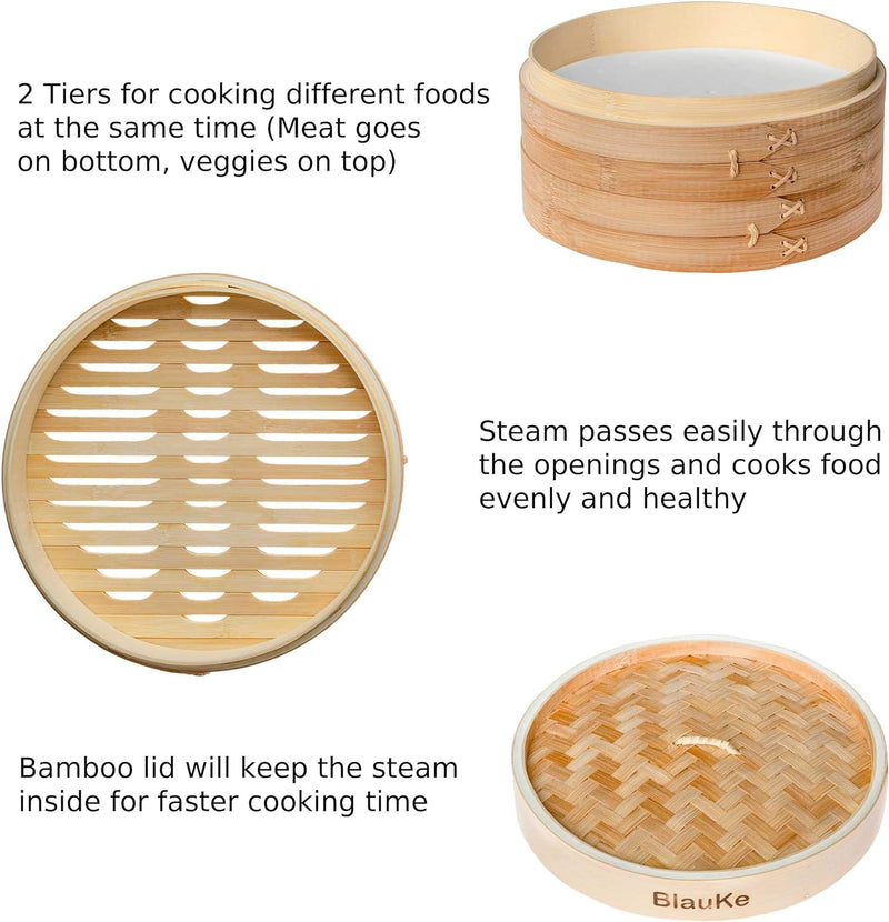 Bambusdämpfer (Bamboo Steamer) - 25cm mit 2 Etagen Bambus Dampfkörbe mit Deckel - 2 Paar Essstäbchen