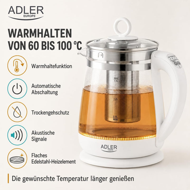ADLER AD 1299 Elektrischer Wasserkocher aus Glas 1,5 Litern, Beleuchteter Innenraum, Teesieb, Temper
