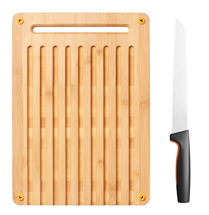 Fiskars Bambus Schneidebrett und Brotmesser, Functional Form, Bambus/Japanischer Edelstahl/Kunststof