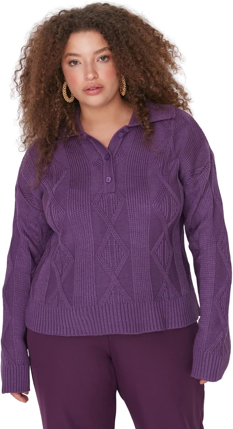 TRENDYOL Damen Polokragen Plain Regular Plus Size Pullover Sweatshirt XL Grosse Grössen Violett, XL