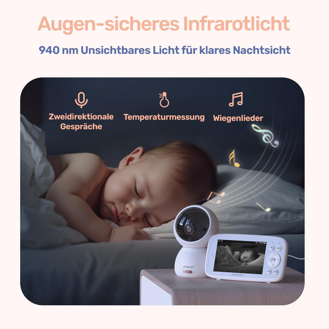 360 Grad Babyphone mit Kamera, 4'' IPS WLAN Video Babyfon, Nachtsicht, 2 Wage Audio, Bereich alarme,