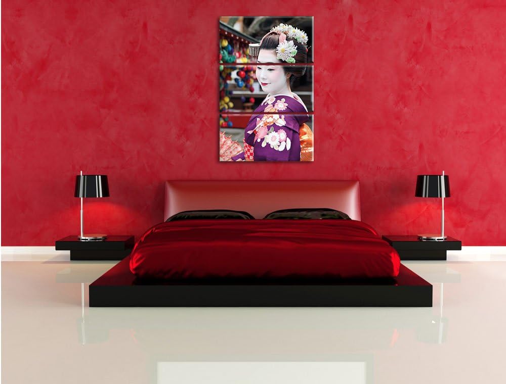 Pixxprint Anmutige Geisha mit Fächer 3-Teiler Leinwandbild 120x80 Bild auf Leinwand