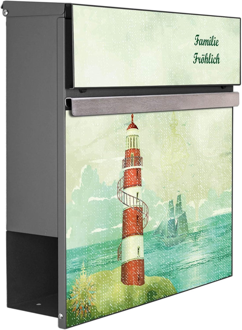 banjado® Briefkasten personalisiert Anthrazit mit Motiv Alter Leuchtturm/Briefkasten mit Zeitungsfac