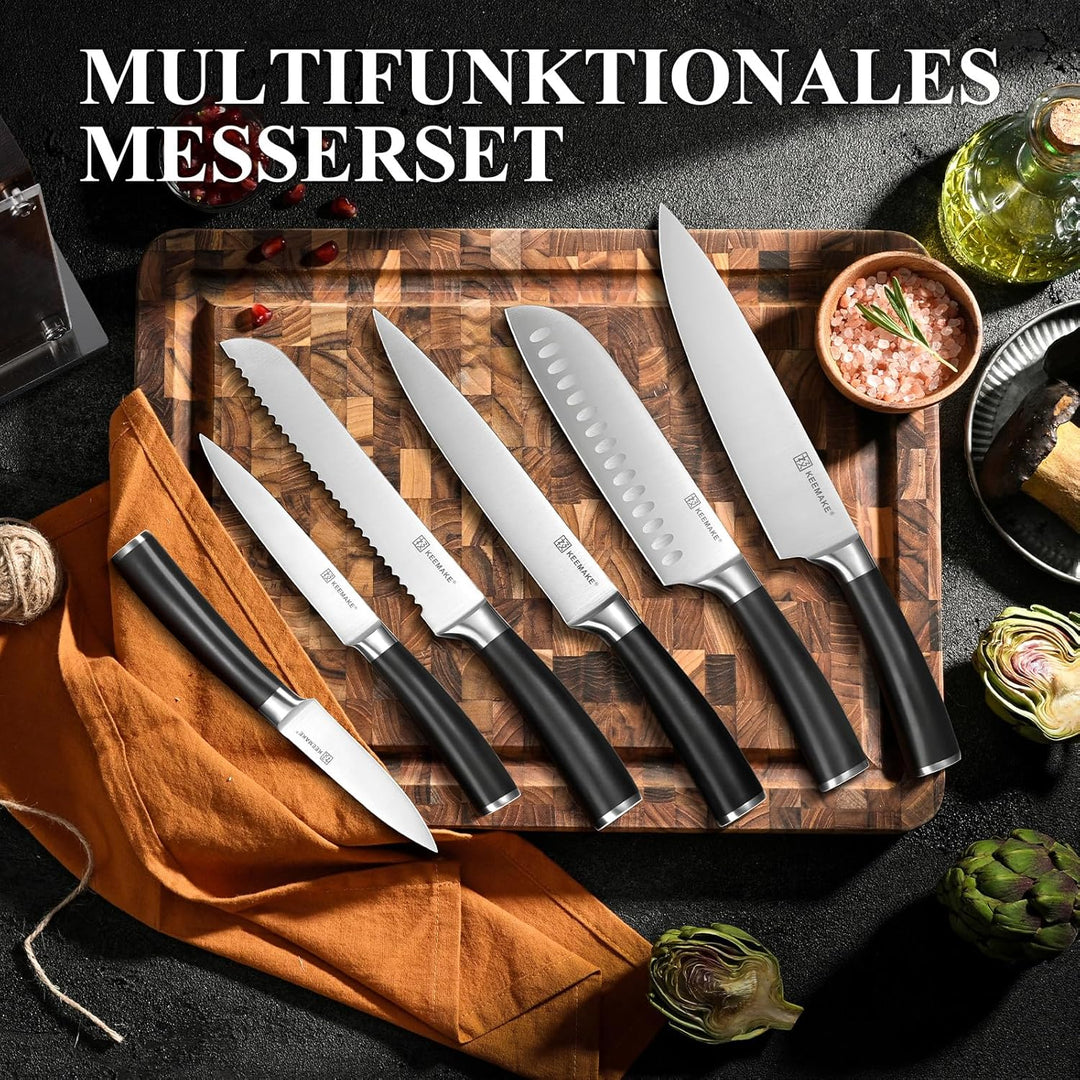 KEEMAKE Messerset mit Messerblock, 7-teilig Küchenmesser Set mit Holzblock, Scharfe Kochmesser aus E