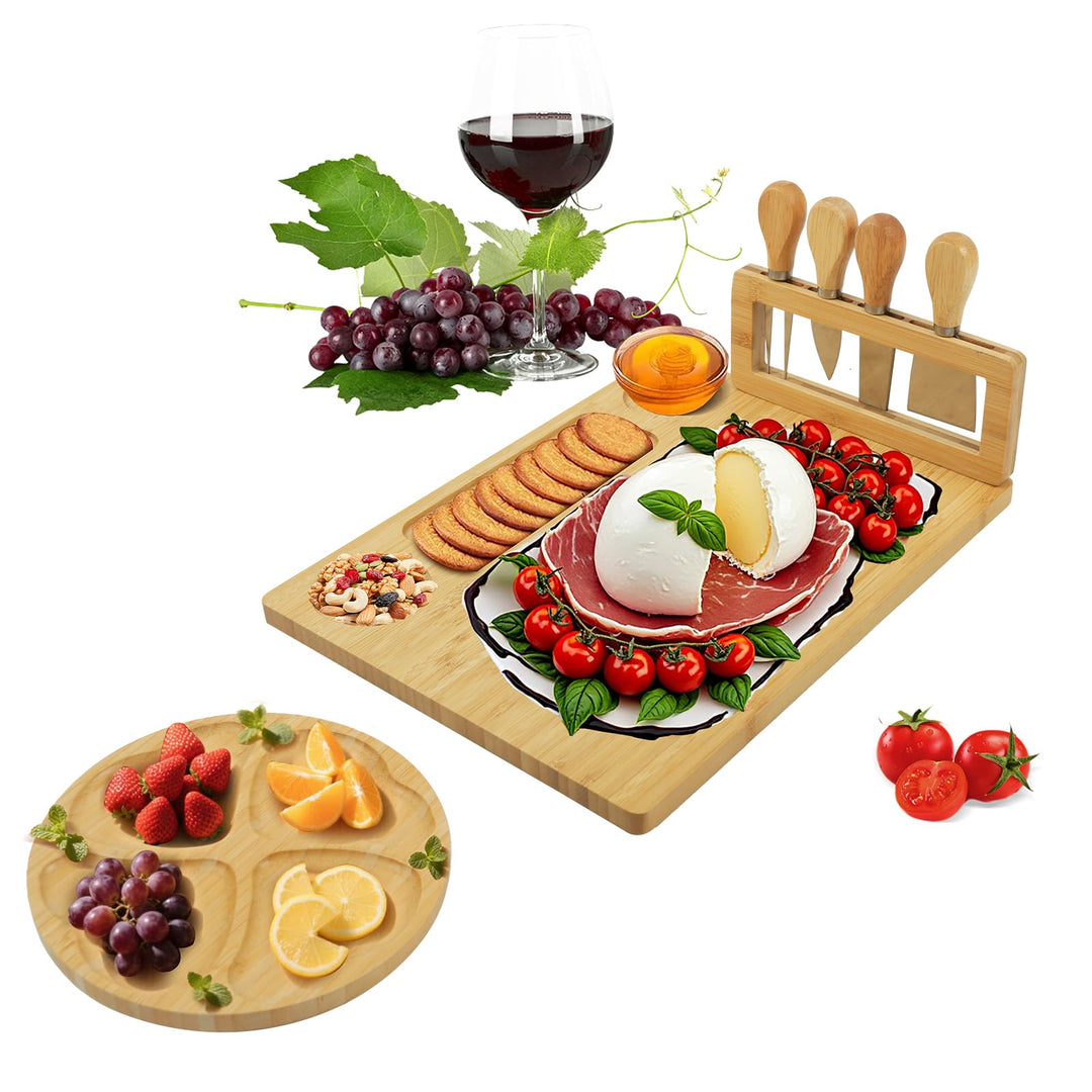 Käsebrett set und Bambus Runde Obstplatte, Käsebrett Gross, Personalisiertes Servierplatte, Charcute