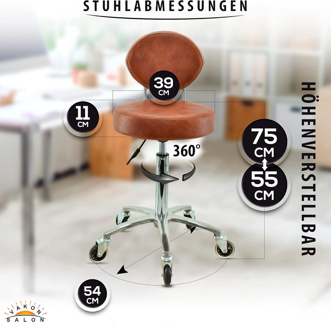Premium Rollhocker Hellbraun mit ovaler Lehne höhenverstellbar von 55 bis 75 cm - Rundsitz- Drehhock