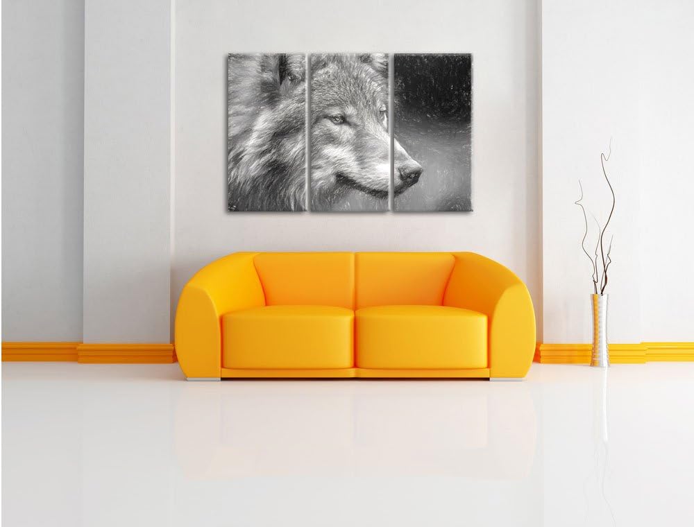 Pixxprint Porträt des europäischen Wolfes Kunst Kohle Effekt 3-Teiler Leinwandbild 120x80 Bild auf L