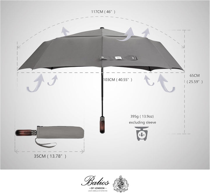 Balios® Regenschirm mit echtem Holzgriff | Auf Zu Automatik | Sturmfest & Windsicher | Damen & Herre