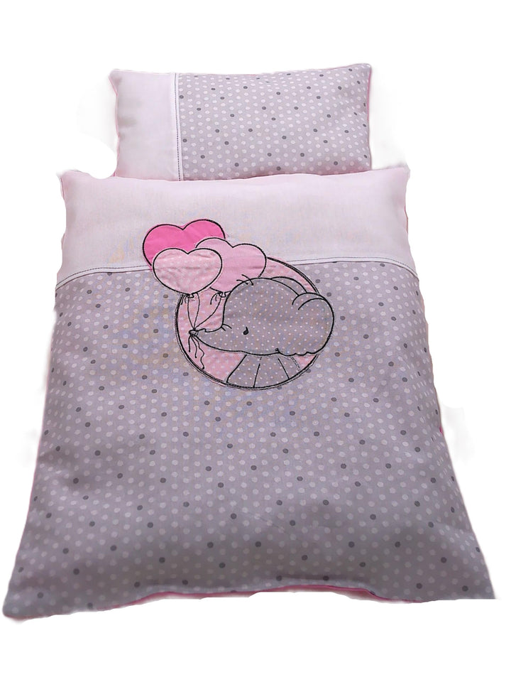Puppenbettwäsche, 2tlg. gesticktem Elefantenkind Lotta mit Herzen Ballons Decke 40h x 32b, Kissen 16