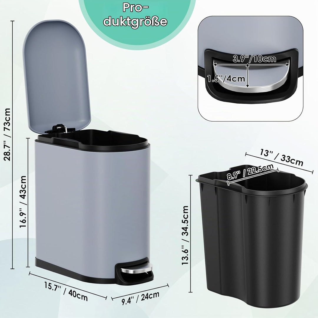 Clevich schmaler 20L rechteckiger Metall-Mülleimer, Softclose, Rauchgrau, Rauchgrau
