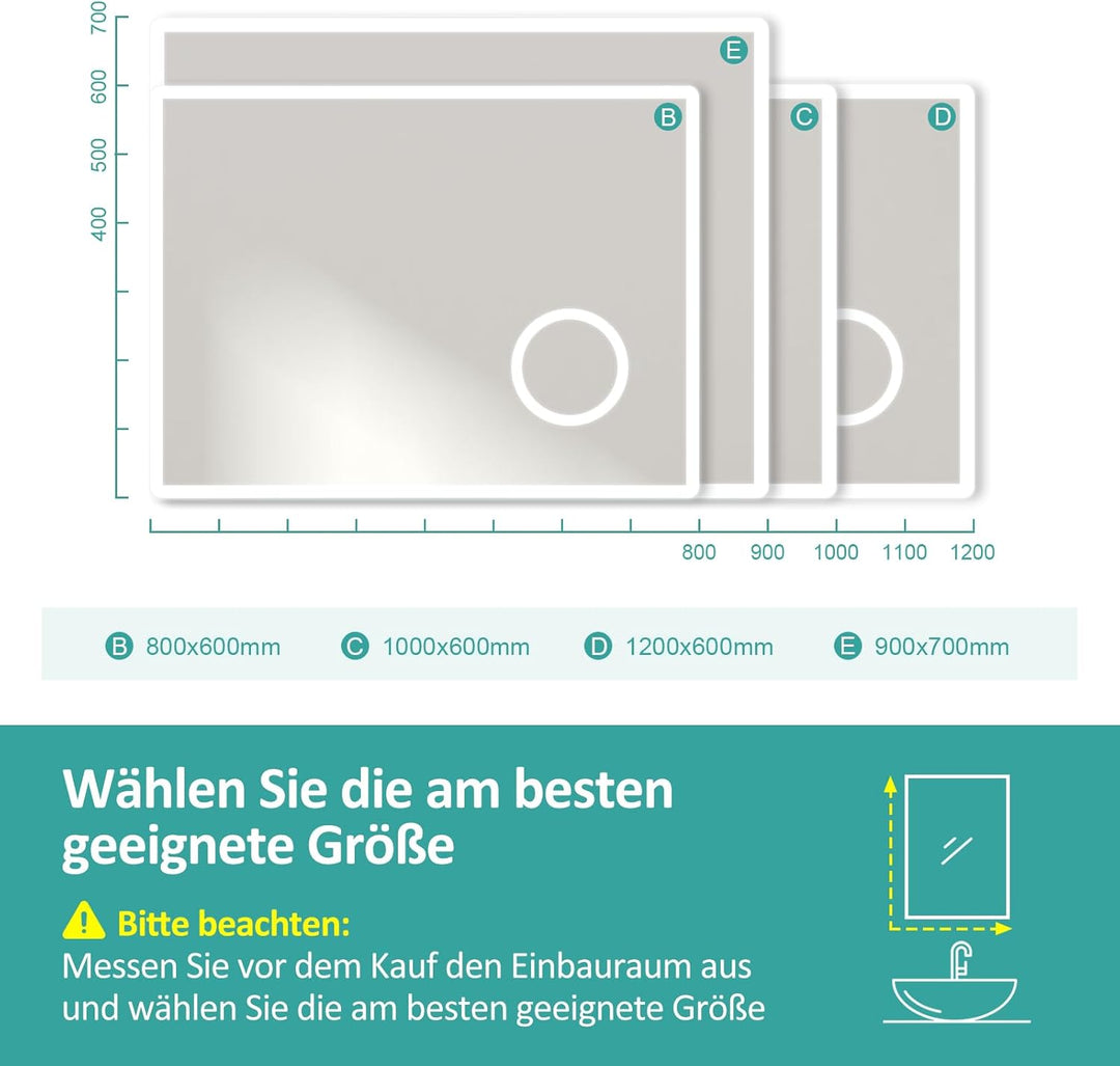 EMKE Badspiegel mit Beleuchtung 80x60cm Badezimmerspiegel mit 3X Kosmetikspiegel+Antibeschlag+Uhr+Ka