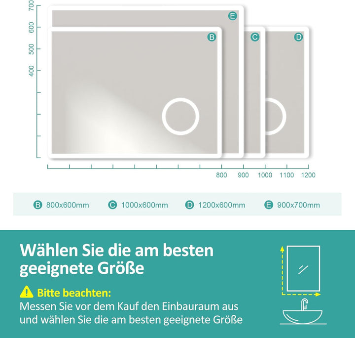 EMKE Badspiegel mit Beleuchtung 80x60cm Badezimmerspiegel mit 3X Kosmetikspiegel+Antibeschlag+Uhr+Ka