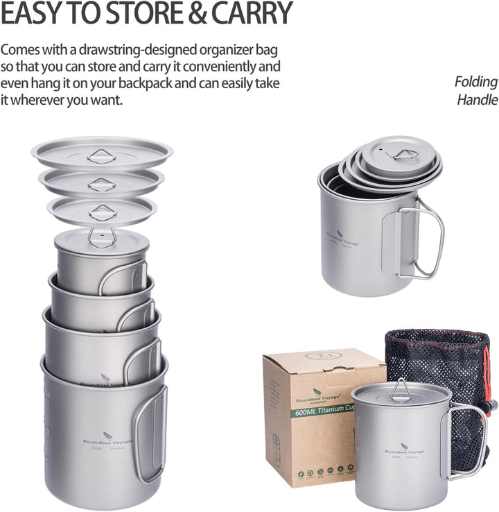 iBasingo 600ml Camping Becher Outdoor Tasse Titan Trinkbecher Mug mit Deckel & Klappgriff Ultraleich