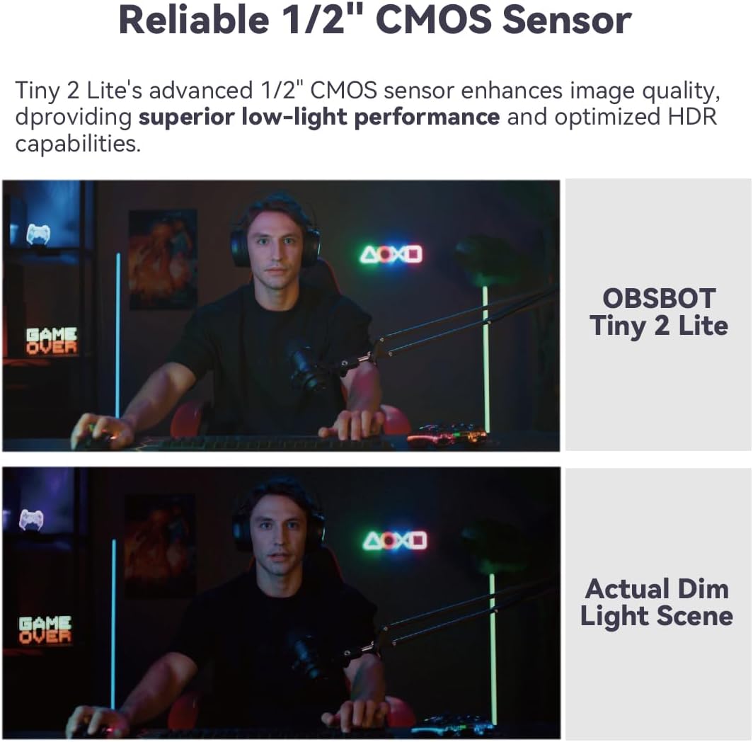 OBSBOT Tiny 2 Lite, PTZ 4K Webcam 1080P@60fps HDR, PC Kamera mit 4X Digitalzoom, KI-Tracking, Microp