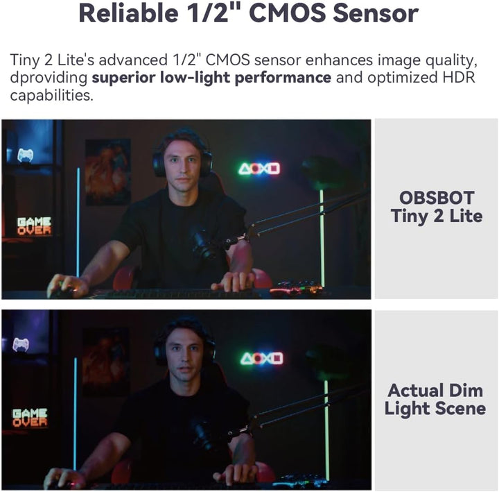 OBSBOT Tiny 2 Lite, PTZ 4K Webcam 1080P@60fps HDR, PC Kamera mit 4X Digitalzoom, KI-Tracking, Microp