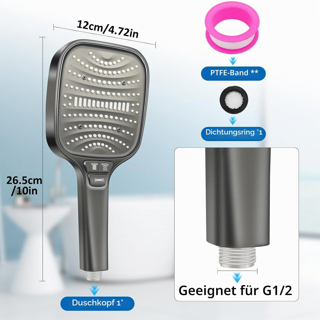Duschkopf Gross Hochdruck – XXL Regenduschkopf mit 8 Strahlarten, Wassersparende Handbrause für Luxu