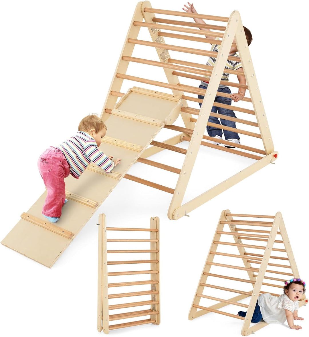 COSTWAY Kletterdreieck klappbar, Klettergerüst mit Leiter aus Holz, Sprossendreieck zur Entwicklung