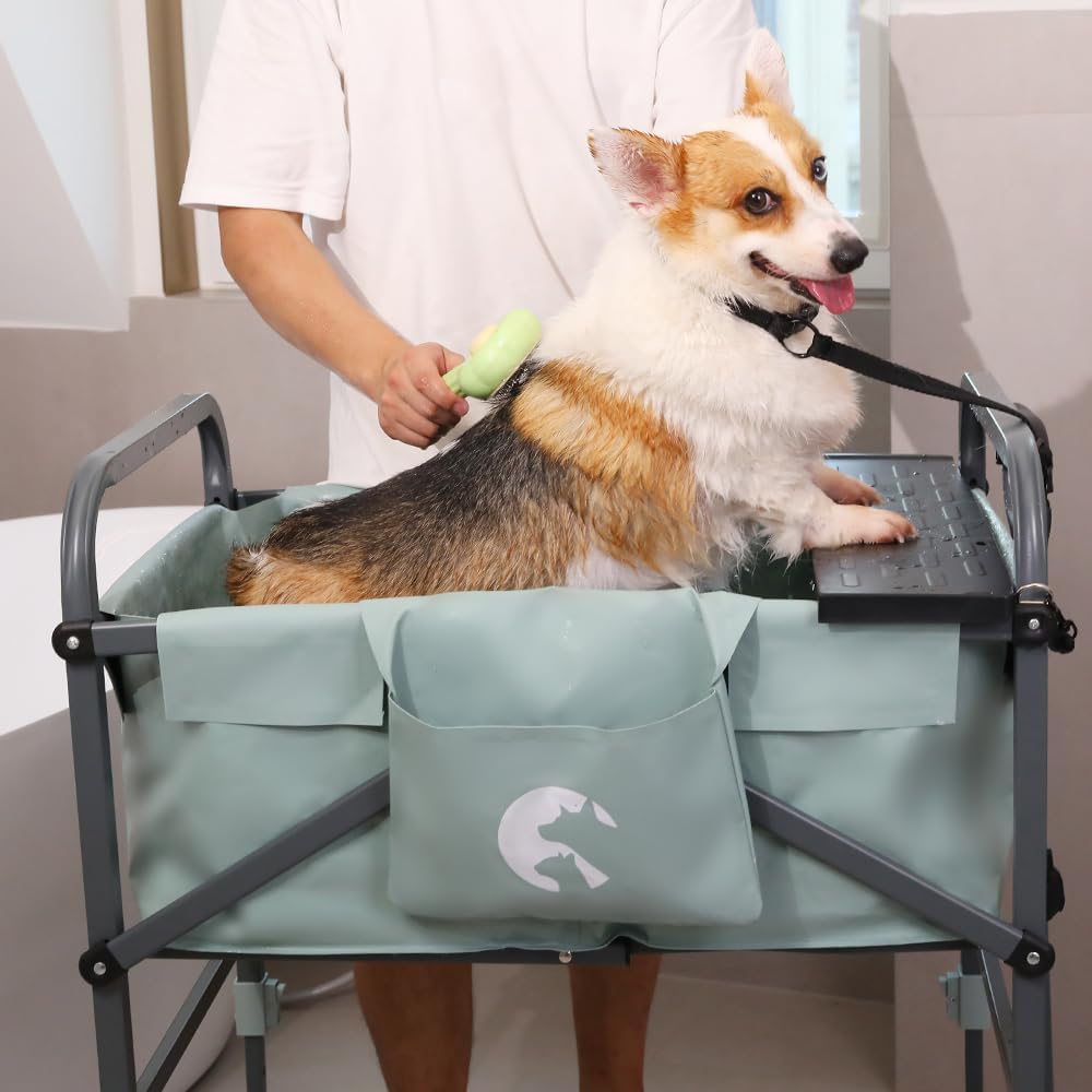 Faltbare erhöhte Badewanne für Hunde und Katzen, Wagen aus Eisen, PVC, Höhe verstellbar 83,5 – 105 c