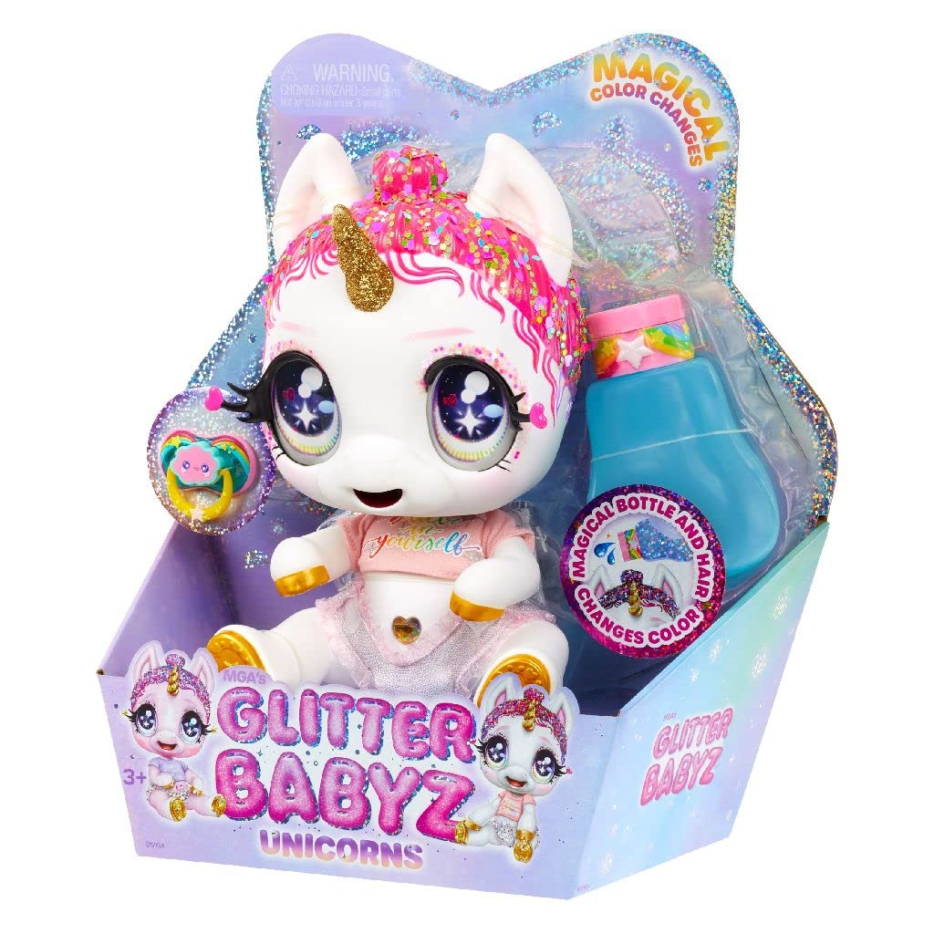 Glitter Babyz MGA Einhorn Baby-Puppe - LUNITA Sky - Mit magischen Farbwechseln, rosa Glitzerhaar, Be