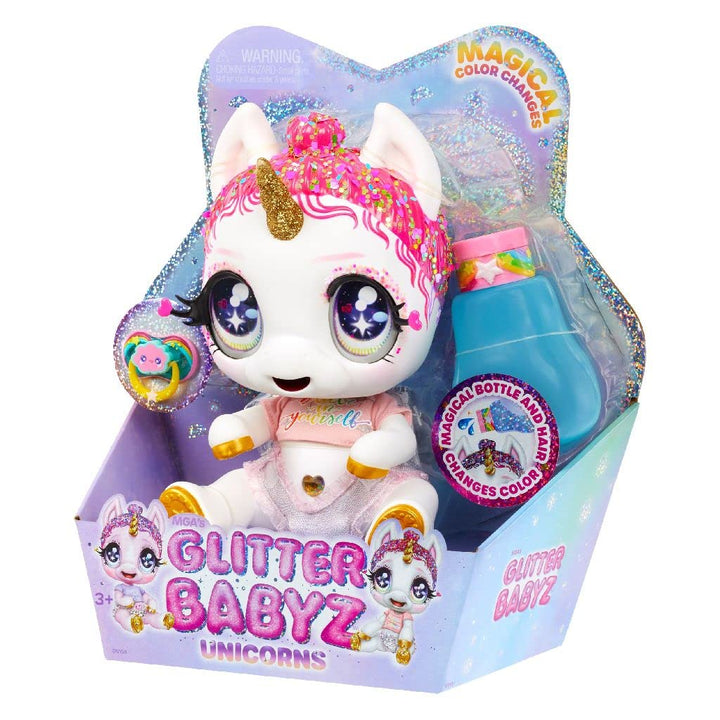 Glitter Babyz MGA Einhorn Baby-Puppe - LUNITA Sky - Mit magischen Farbwechseln, rosa Glitzerhaar, Be